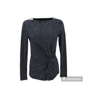 Ann Taylor Women's Dotted Long Sleeve Faux Wrap Blouse Blouse Sz Small Navy Blue